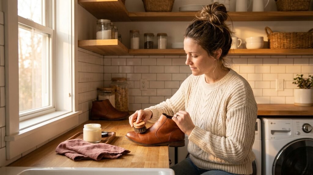 Woman cleaning a leather shoe with a soft brush and care products indoors.