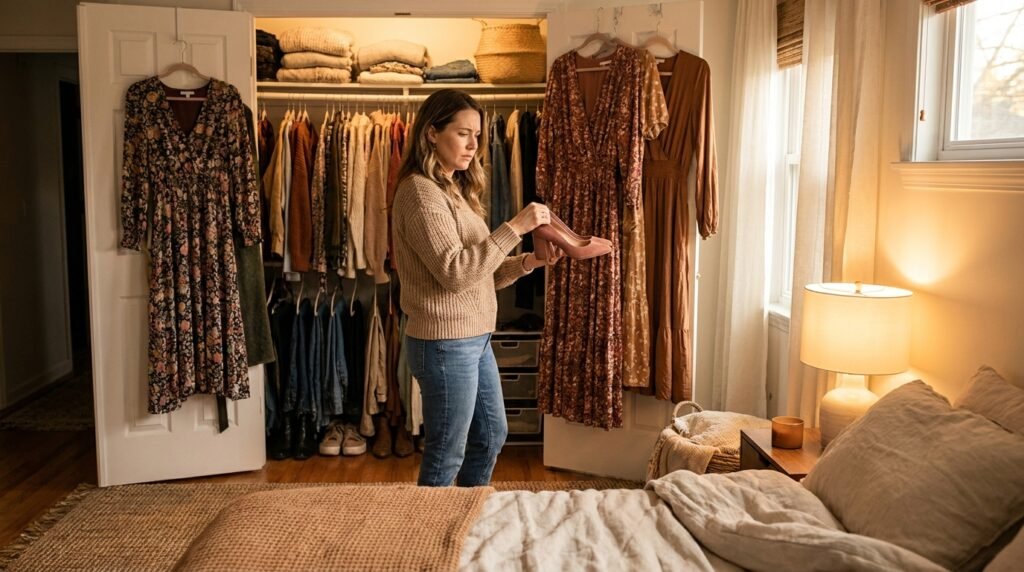 A woman in her bedroom holding a dusty rose heel up to a row of hanging dresses in her closet.