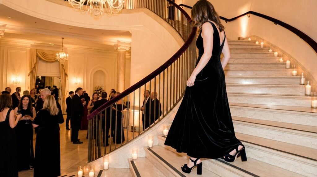 Woman walking down a grand staircase wearing a black velvet gown and platform sandals.