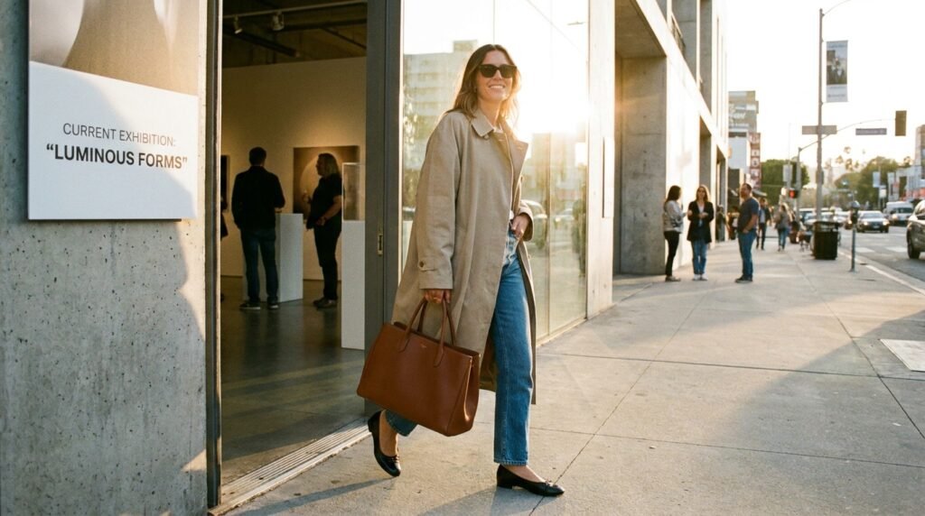 Confident woman wearing a trench coat and two-tone cap-toe flats walking in the city.