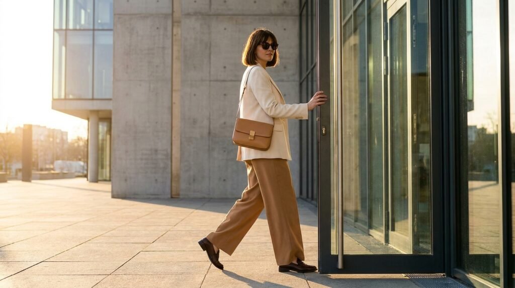 Confident woman walking outdoors wearing tailored trousers and polished leather shoes.