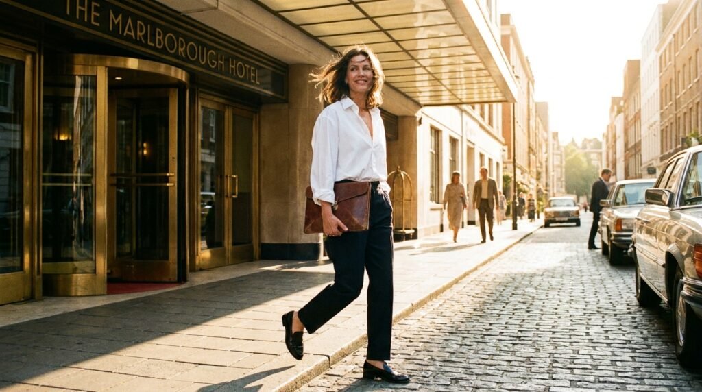 Woman walking outdoors wearing an oversized white shirt and black loafers with confidence.
