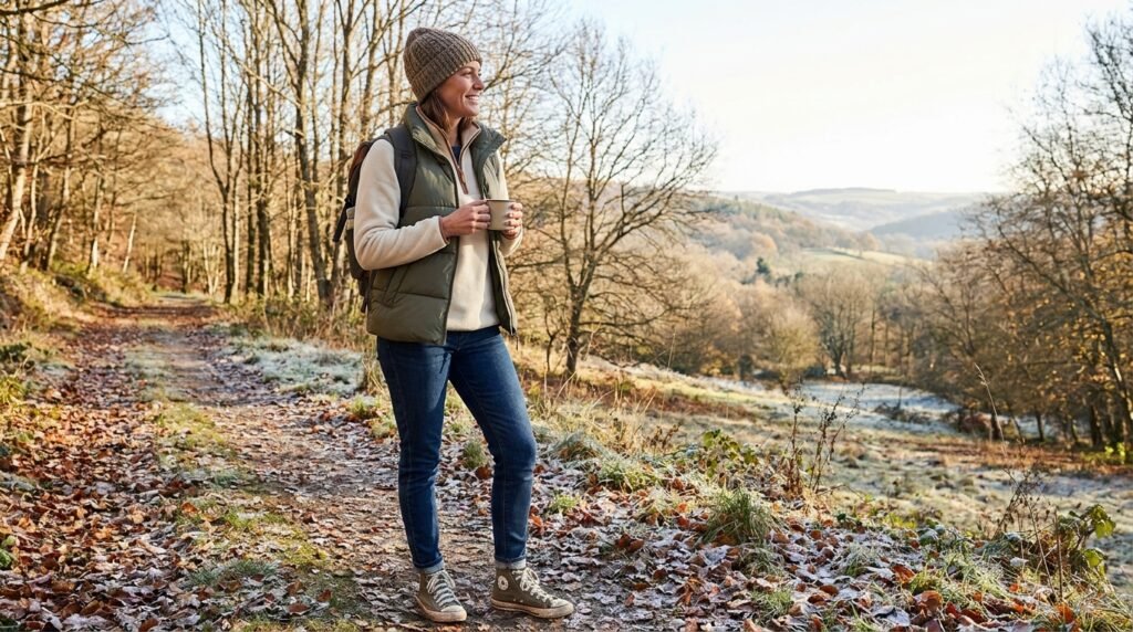 Woman on an outdoor trail wearing an olive puffer vest, fleece pullover, jeans, and canvas trainers.
