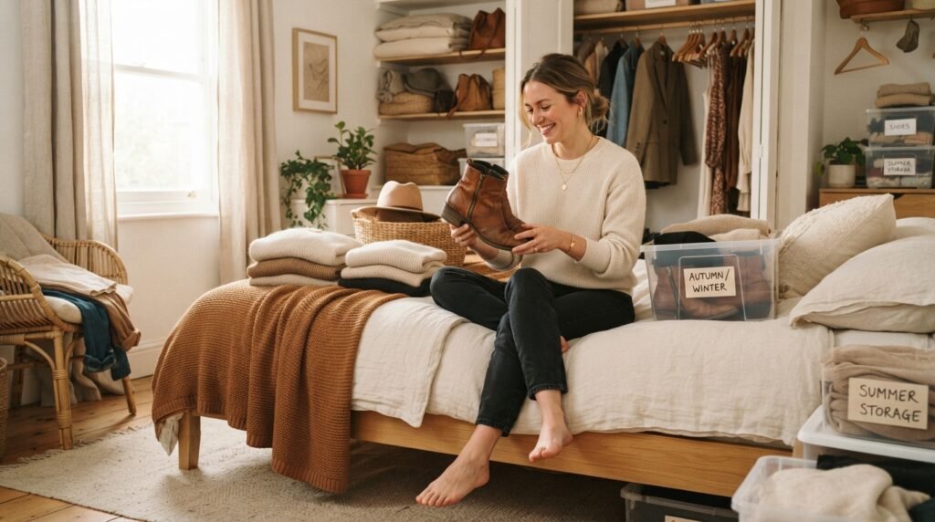 A woman performing a seasonal shoe swap in a cozy, organized bedroom.