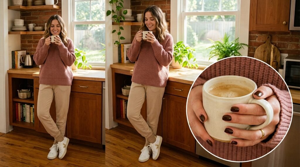 Woman in beige joggers and white sneakers holding a coffee cup, showing dark brown nail polish.