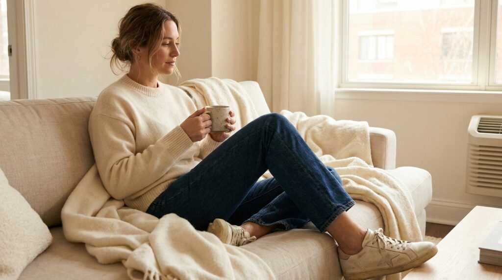 A woman in an apartment wearing an oversized cream sweater, jeans, and off-white sneakers while holding a coffee mug.