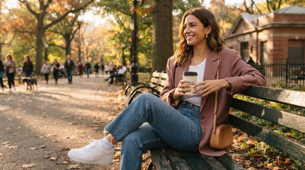 A woman sitting on a park bench wearing a pink blazer, blue jeans, and white leather sneakers.