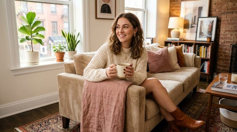 A woman holding a coffee mug on a couch, showing glossy chocolate brown nails and cognac leather ankle boots.