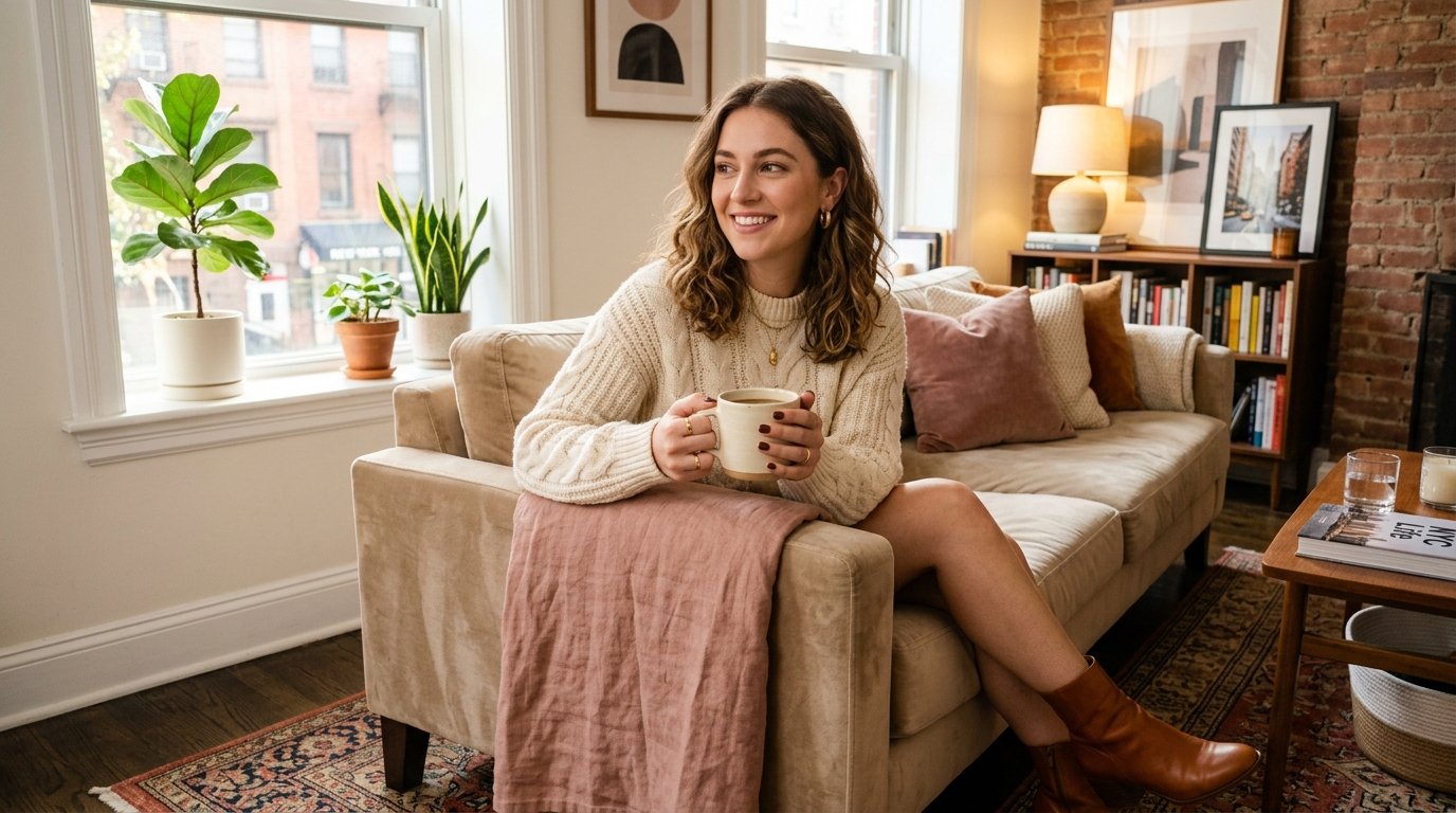 A woman holding a coffee mug on a couch, showing glossy chocolate brown nails and cognac leather ankle boots.