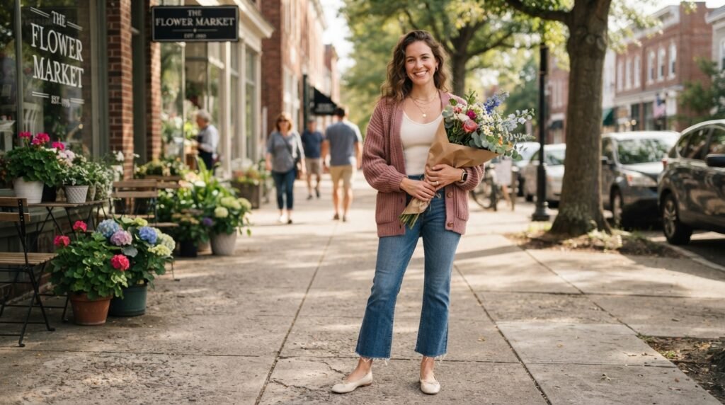 A woman holding flowers wearing cropped jeans, a pink cardigan, and ivory ballet flats.