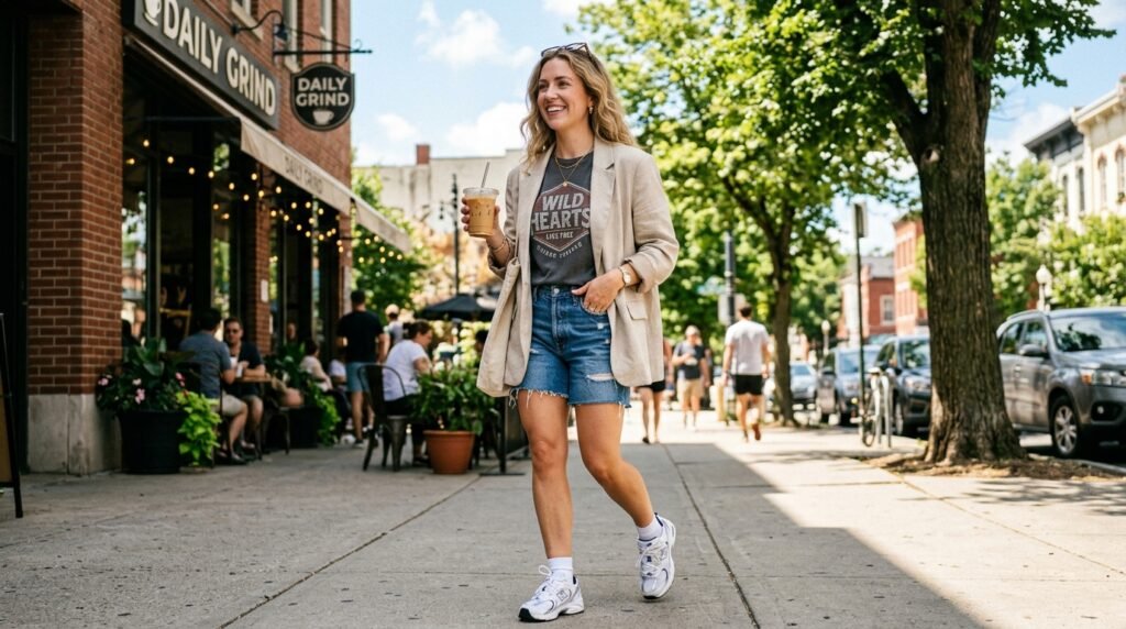A woman holding iced coffee wearing a blazer, shorts, and New Balance sneakers.