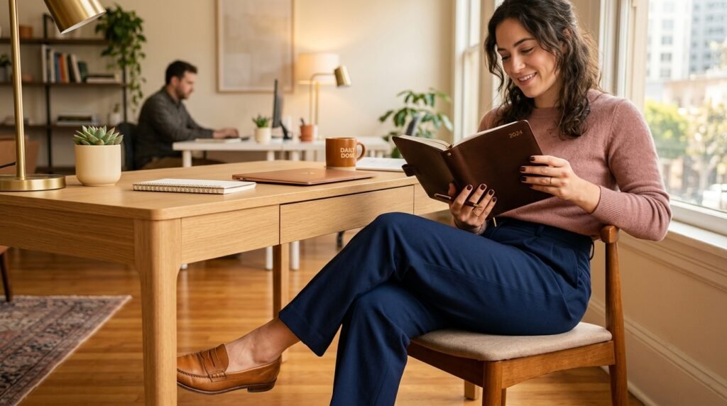 Woman in navy trousers and tan loafers holding a planner, displaying chocolate brown fingernails.