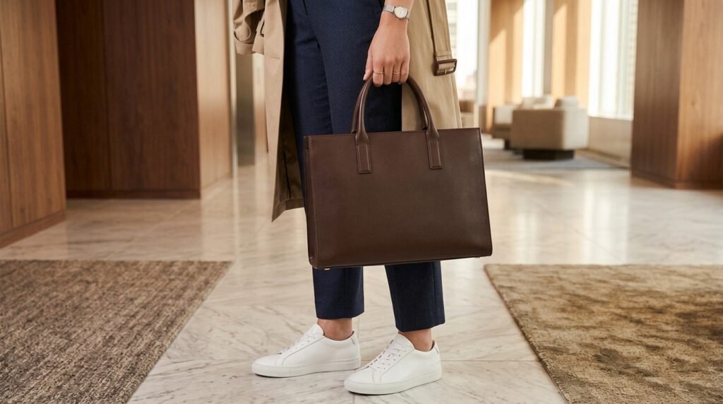 Close-up of a woman holding a leather tote bag while wearing trousers and leather sneakers.
