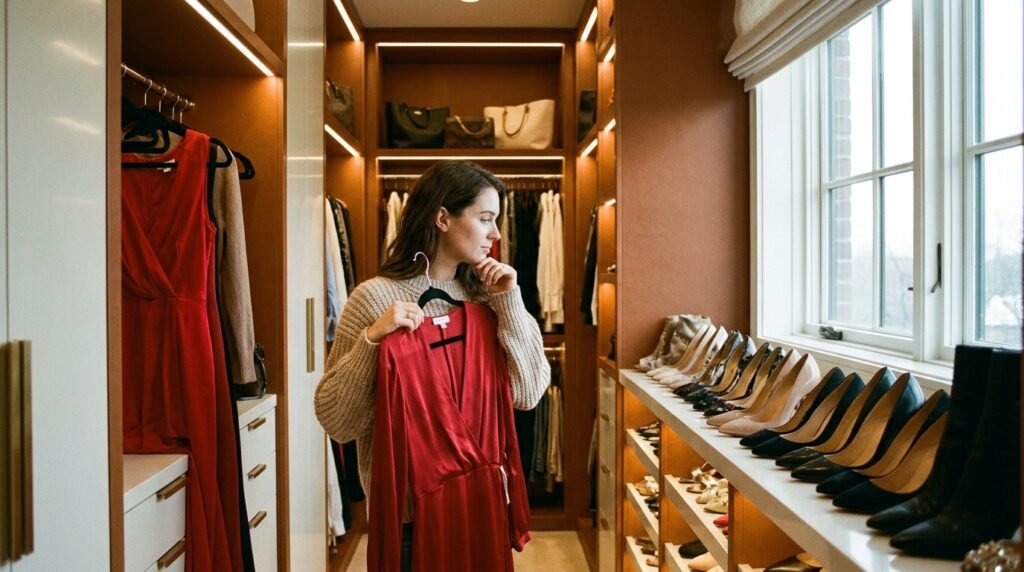 A woman looks at shoes in her closet while holding a red dress.