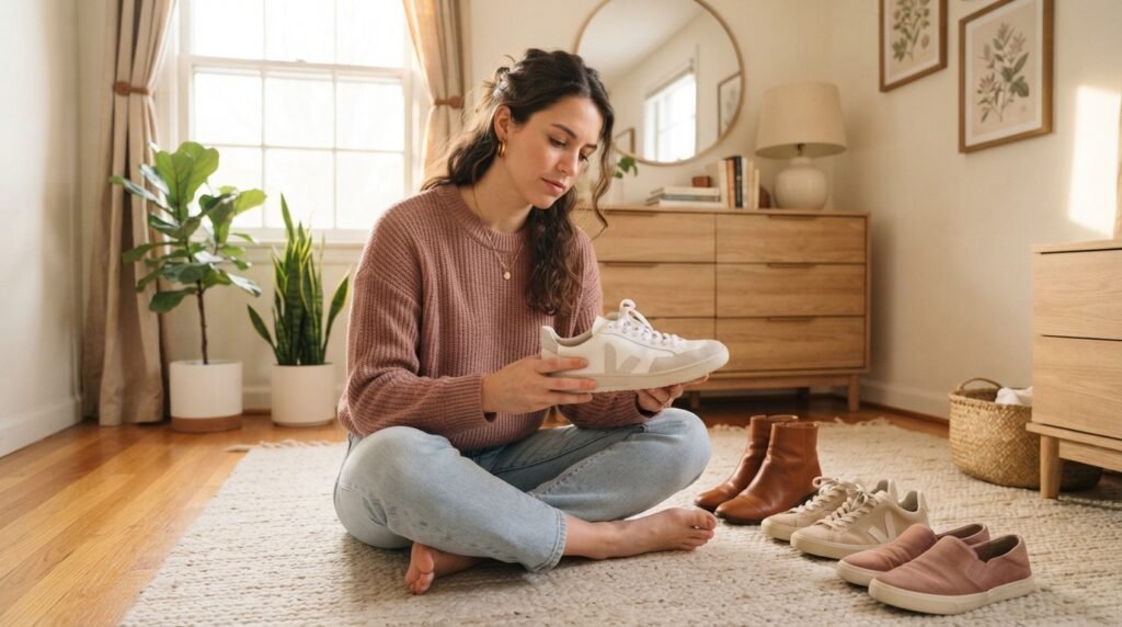 A woman sitting on a bedroom floor holding a white sneaker, with other neutral shoes nearby.