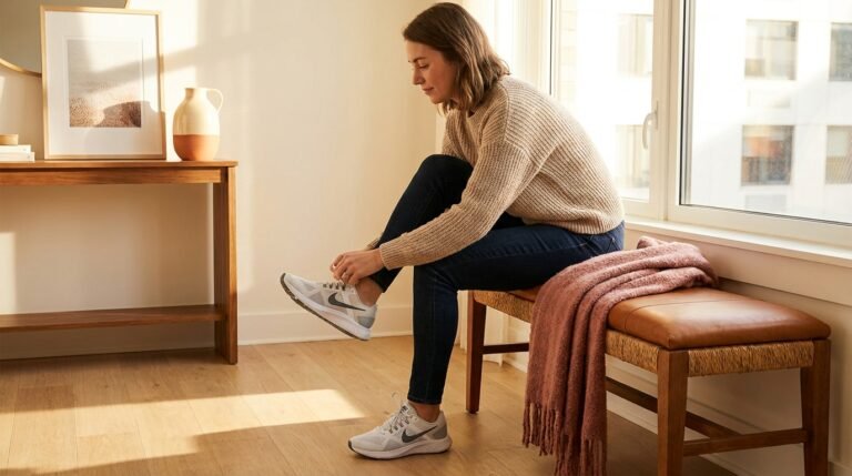 A woman sitting on a bench in a sunlit apartment entryway while lacing up her Nike sneakers.
