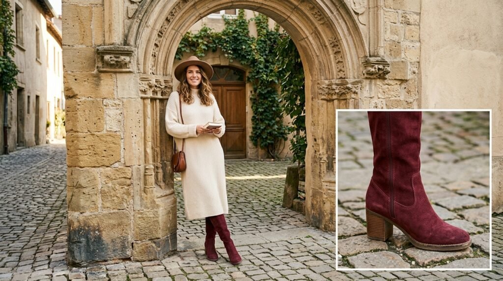 Cream knit sweater dress paired with tall burgundy suede boots outdoors.