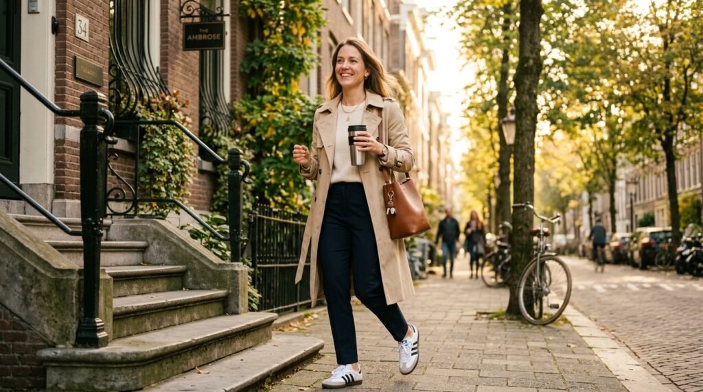 A woman walking out her apartment door in the morning wearing a trench coat, trousers, and leather sneakers.