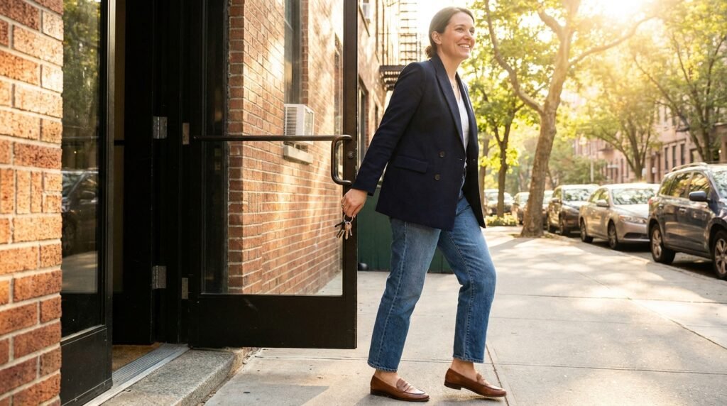 A woman stepping out her front apartment door wearing a blazer and comfortable shoes.