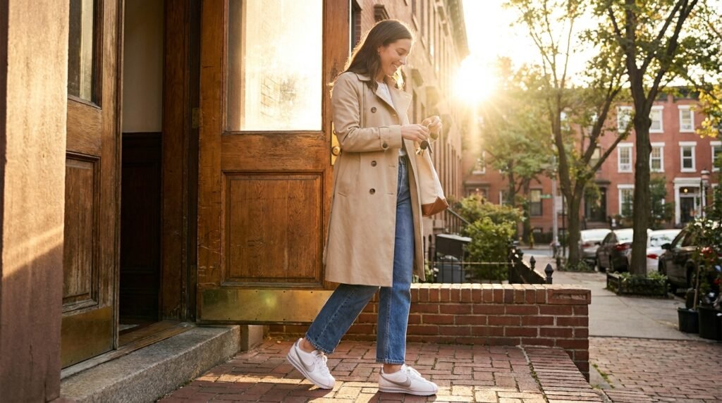A woman stepping out her front apartment door wearing denim, a coat, and Nike sneakers.