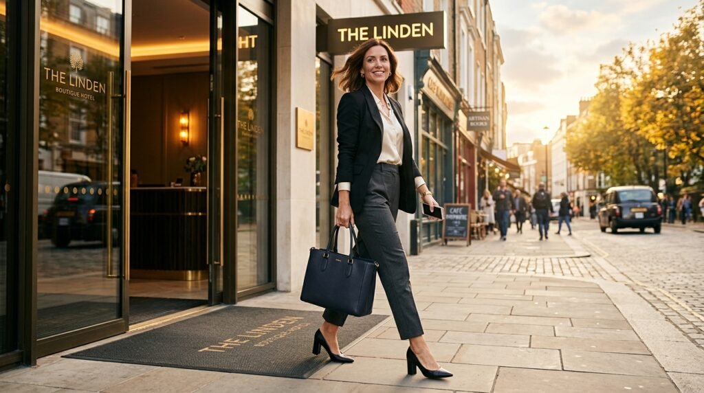 Confident woman wearing tailored trousers and stylish heels walking outdoors.