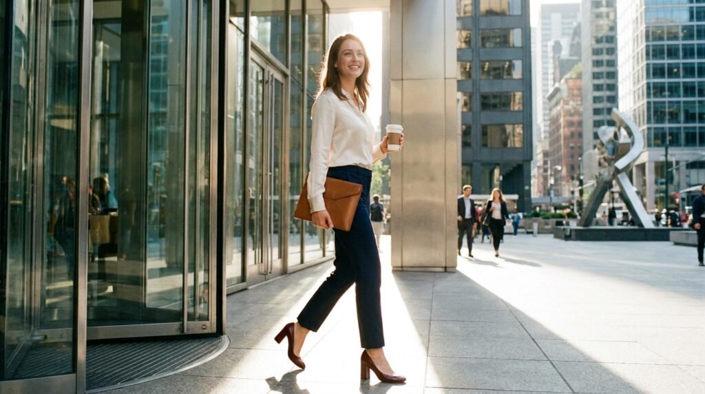 Confident young woman walking out of a corporate office building wearing tailored trousers and block heels.