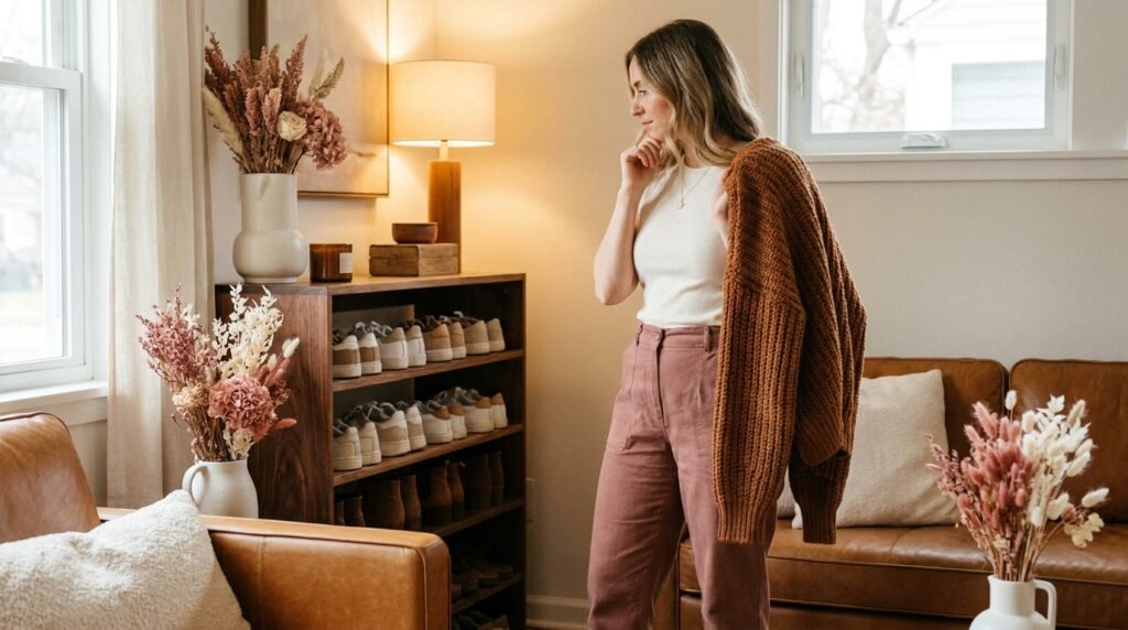 Woman looking at a shoe rack while holding a knit sweater over her arm.