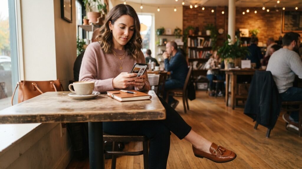 A woman sitting at a cafe table looking at her phone, wearing cognac loafers.