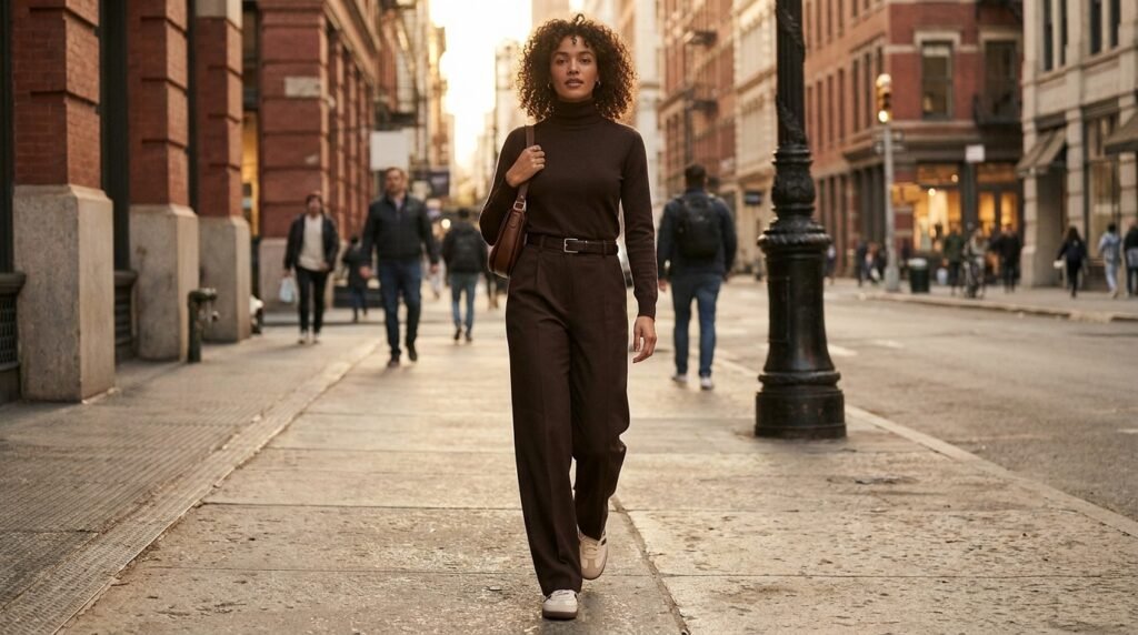 Woman walking on a city sidewalk wearing brown wide-leg trousers, a turtleneck, and retro cream trainers.