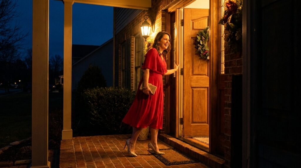 A smiling woman opens her front door to leave, wearing a red dress and gold heels.