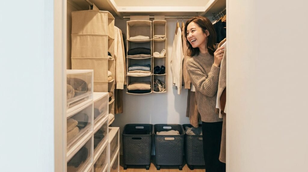 An organized small closet showcasing various storage solutions with a person reviewing them.
