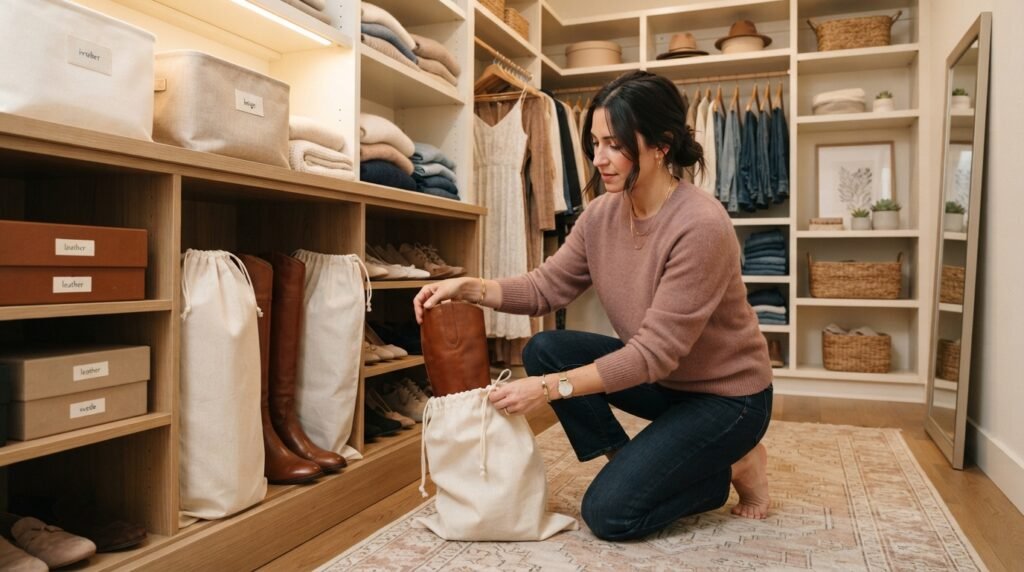 A woman neatly storing boots in dust bags on a closet shelf in a warm, tidy room.