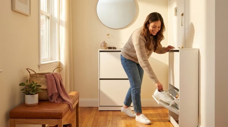 A woman placing sneakers into a slim white tilt-out shoe cabinet in a bright apartment entryway.