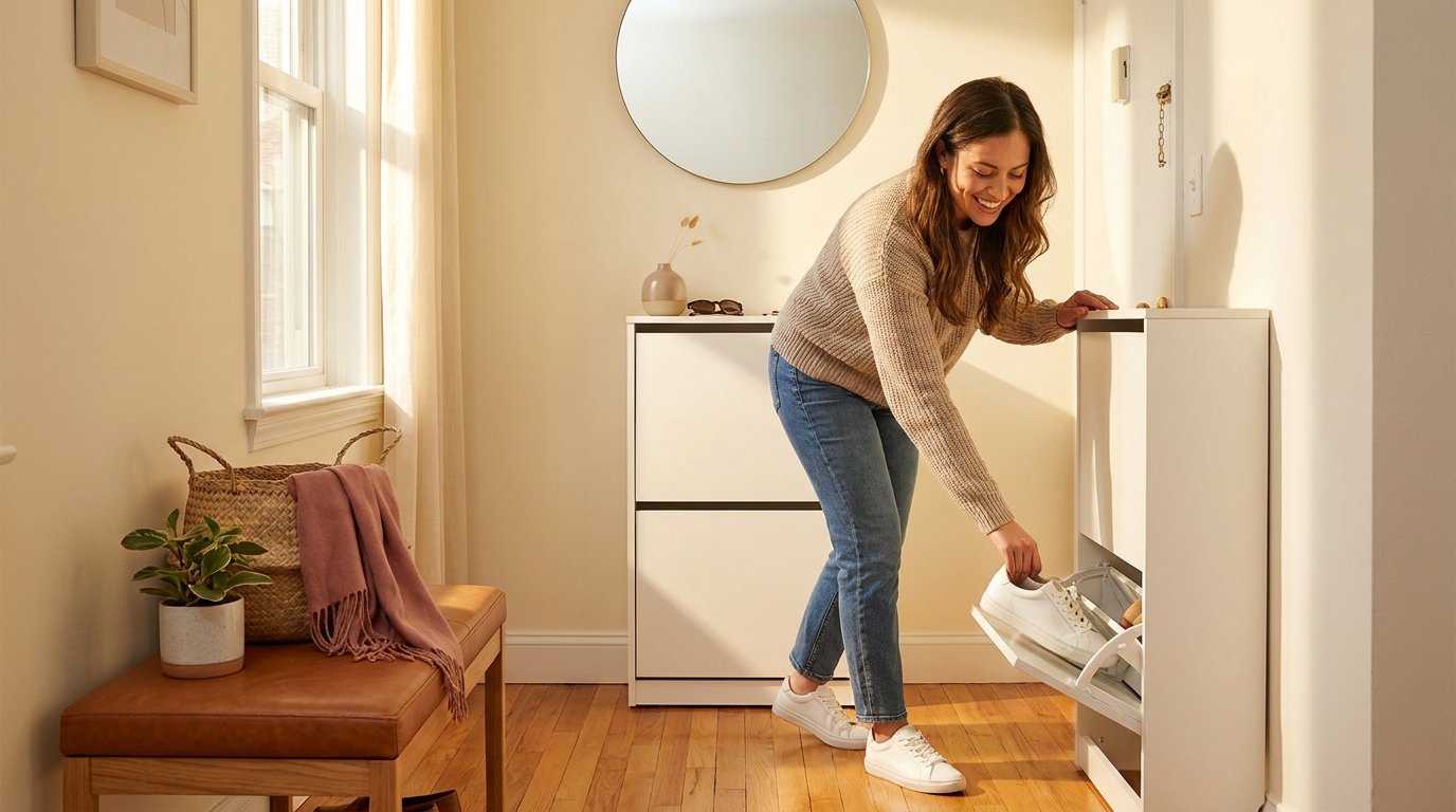A woman placing sneakers into a slim white tilt-out shoe cabinet in a bright apartment entryway.