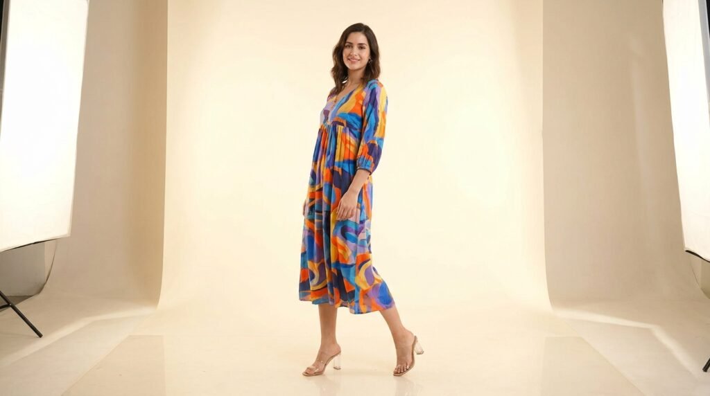 Model wearing an abstract-print midi dress and clear PVC strap mules against a neutral background.