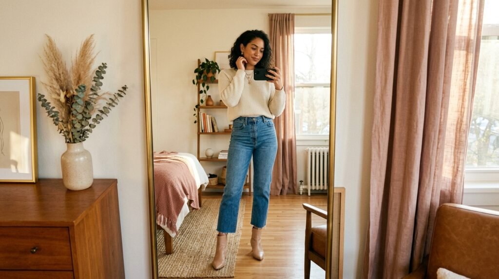 Woman standing in front of a mirror wearing nude pointed-toe boots and showing brown nails.