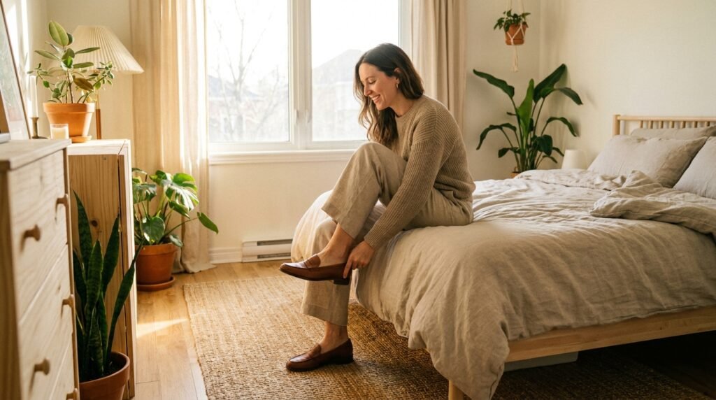 A woman sitting on a bed putting on classic leather loafers in a bright bedroom.
