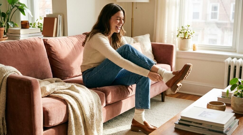 Woman sitting on a sofa putting on chunky loafers with socks and jeans.