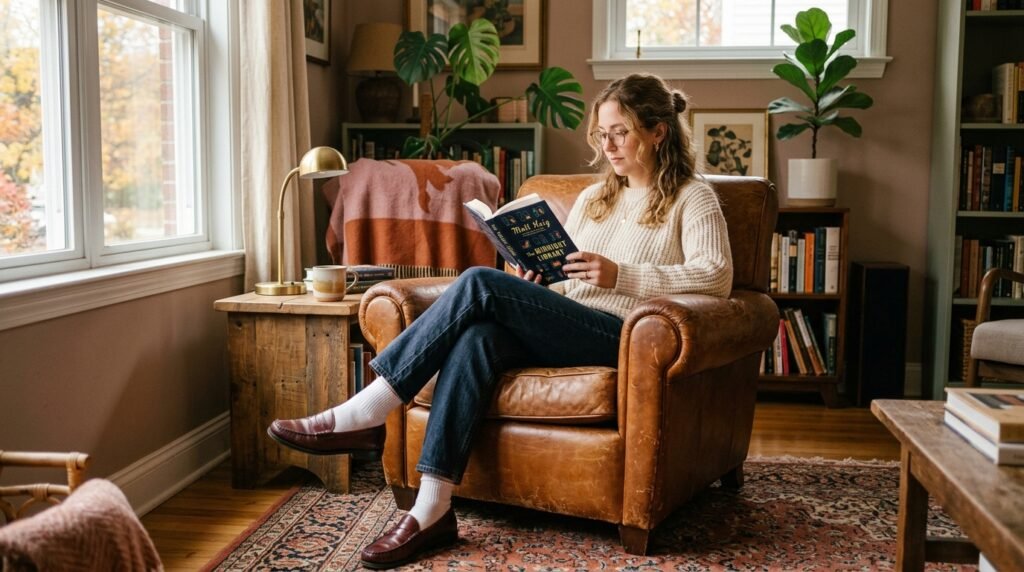 A woman sitting in a leather armchair wearing penny loafers and reading a book.