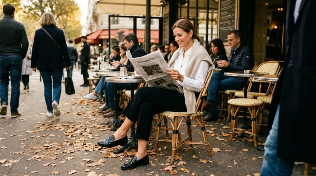 Woman wearing a white shirt and black loafers with an oatmeal sweater over her shoulders at a cafe.
