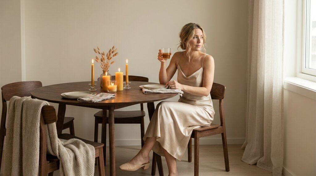 Woman sitting at a wooden table wearing a champagne satin slip dress and matching satin mules.