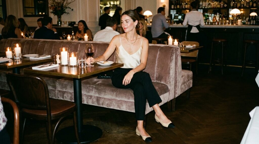 Elegant woman wearing two-tone flats and evening jewelry seated at a candlelit restaurant.