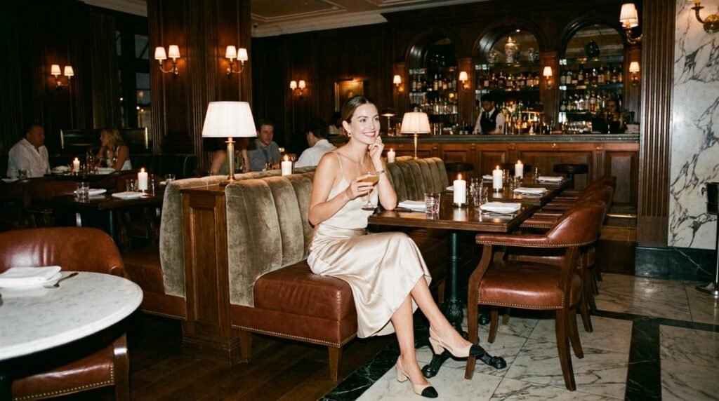 Two-tone beige and black slingback heels styled with a champagne satin slip skirt.