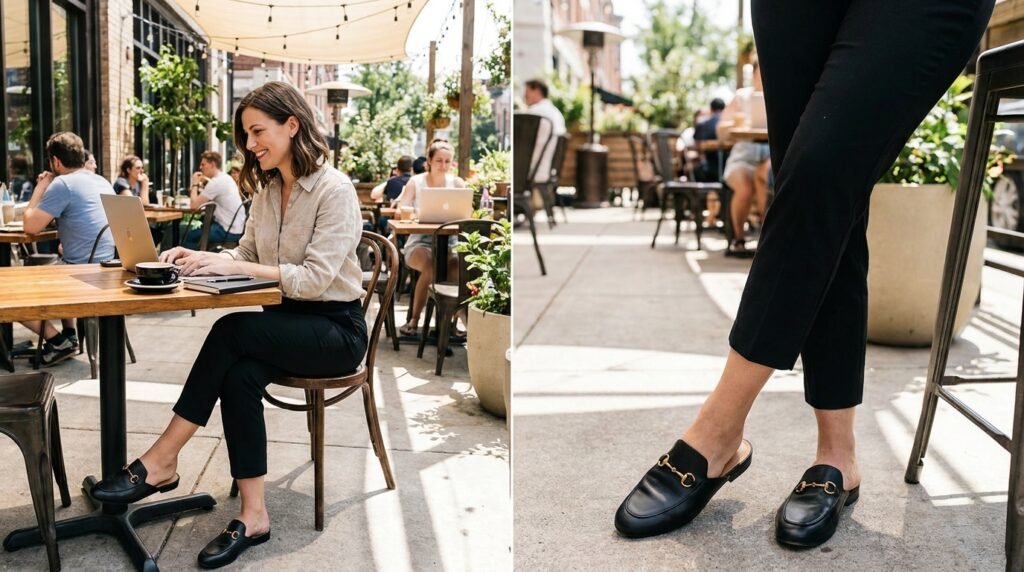 Black leather backless loafer mules worn with cropped cigarette pants.