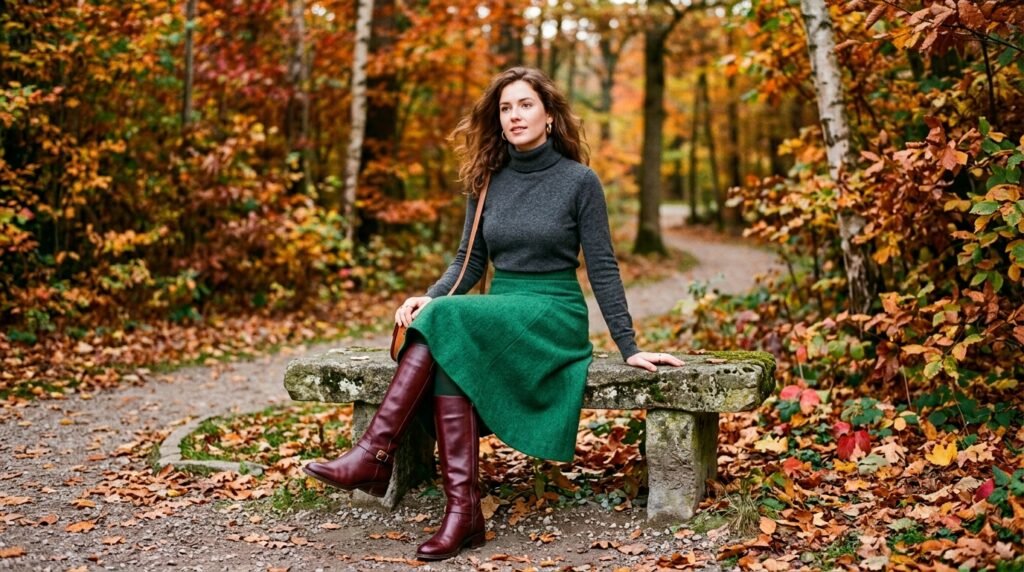 Emerald green wool skirt paired with burgundy knee-high leather boots.
