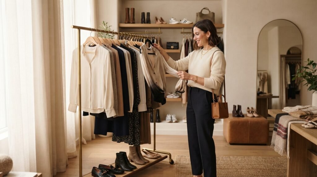 A woman browsing a curated clothing and shoe display in a bright styling studio.