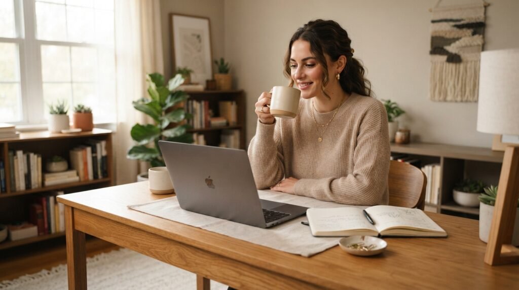 A woman working at a laptop with a notebook and coffee cup in a warm home office.