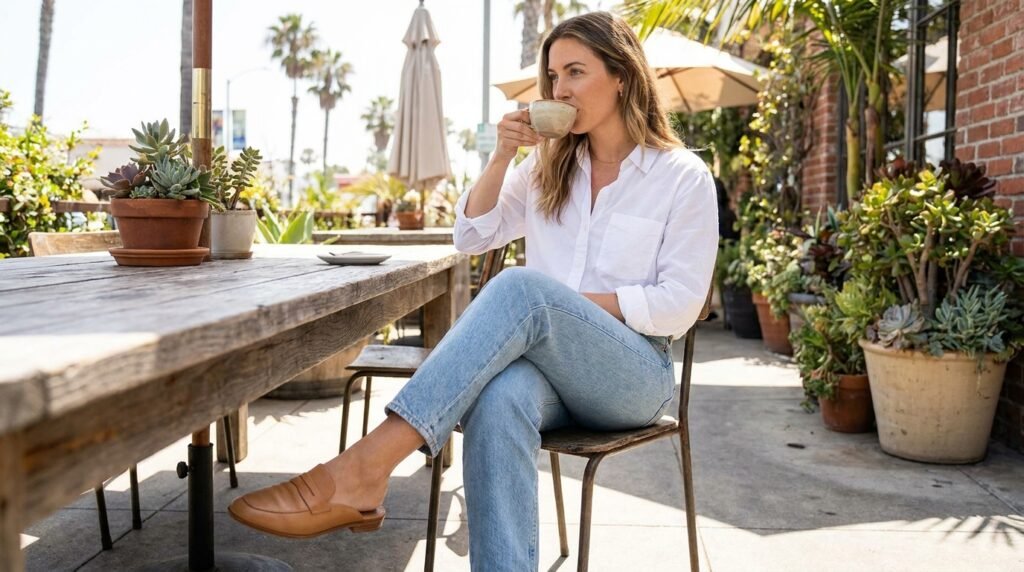 A woman wearing tan leather loafer slides and casual denim at an outdoor cafe.