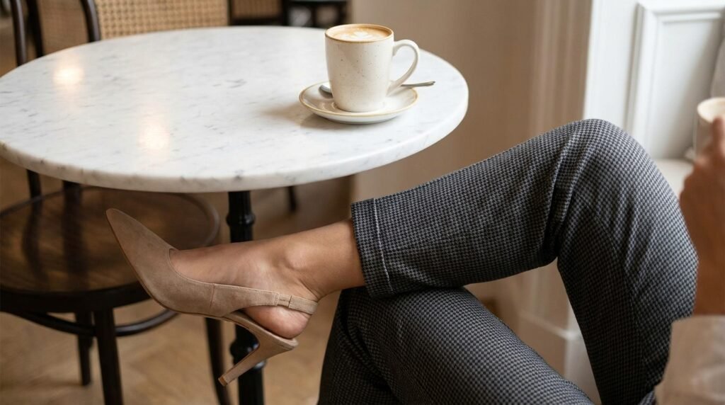 A woman wearing nude slingback heels and patterned trousers sitting at a table.