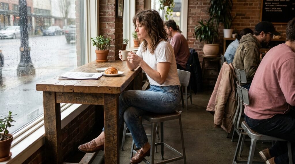 A woman wearing a white t-shirt and leather loafers at a cafe table.